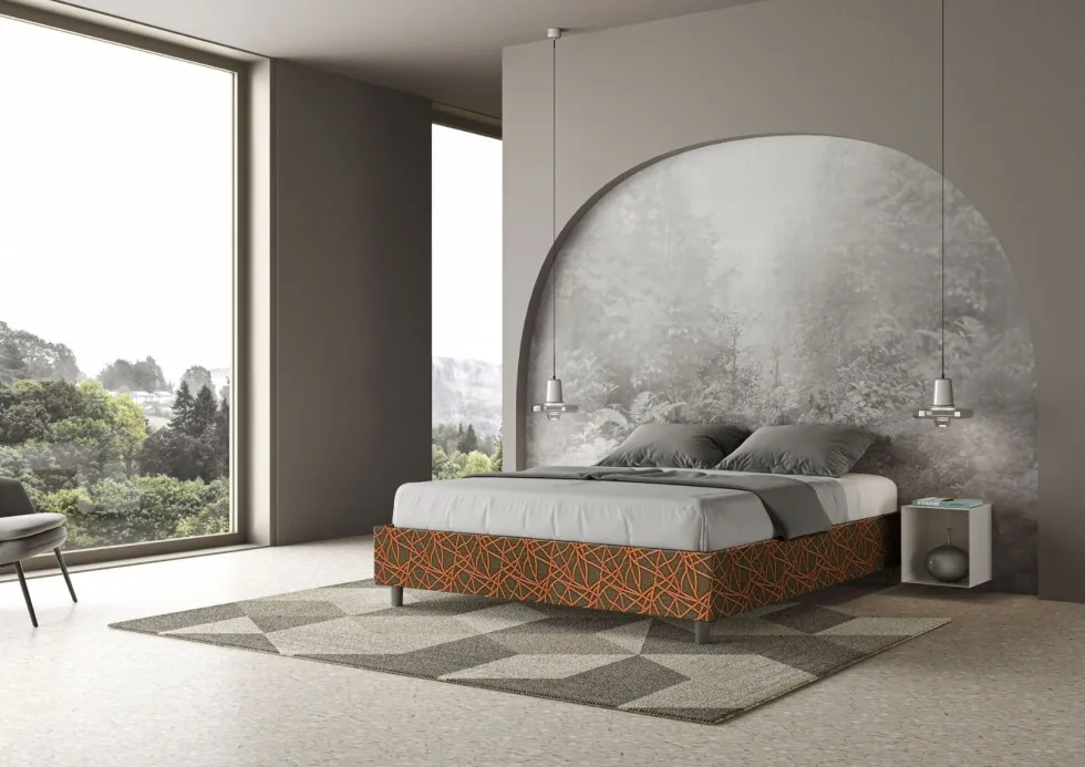 Letto 160x200cm matrimoniale contenitore sommier in tessuto arancio LIT372