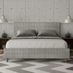 Letto 160x210cm matrimoniale contenitore con testiera imbottita in tessuto grigio LIT410