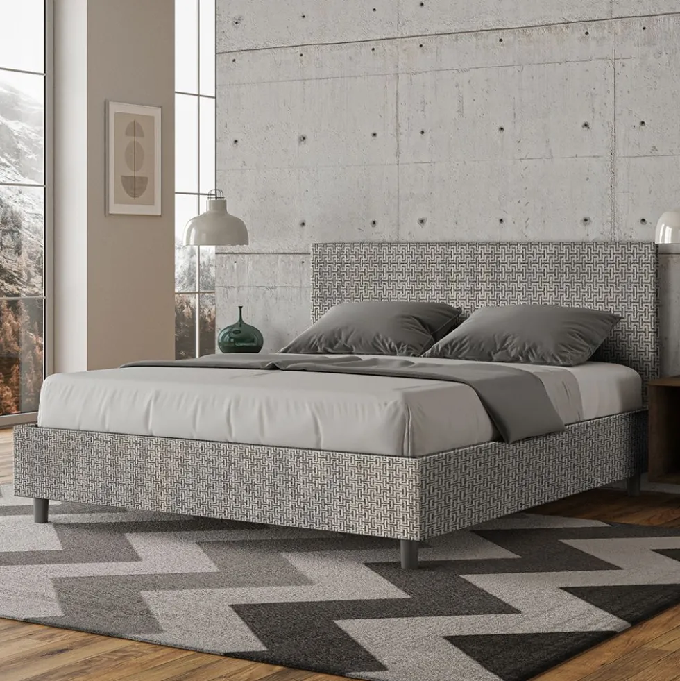 Letto 160x210cm matrimoniale contenitore con testiera imbottita in tessuto grigio LIT410