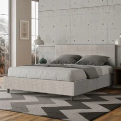 Letto 160x210cm matrimoniale contenitore con testiera imbottita in tessuto bianco LIT410