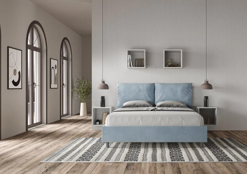 Letto 160x200cm matrimoniale contenitore con cuscino in microfibra azzurro LIT422