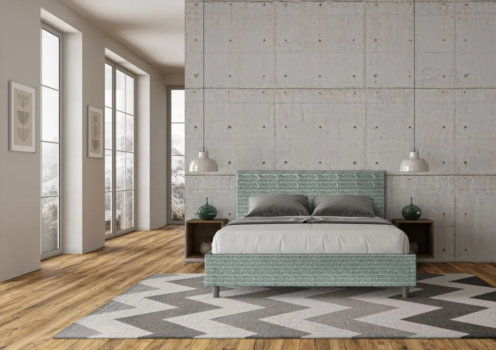 Letto 160x200cm matrimoniale contenitore con testata imbottita in tessuto azzurro LIT404