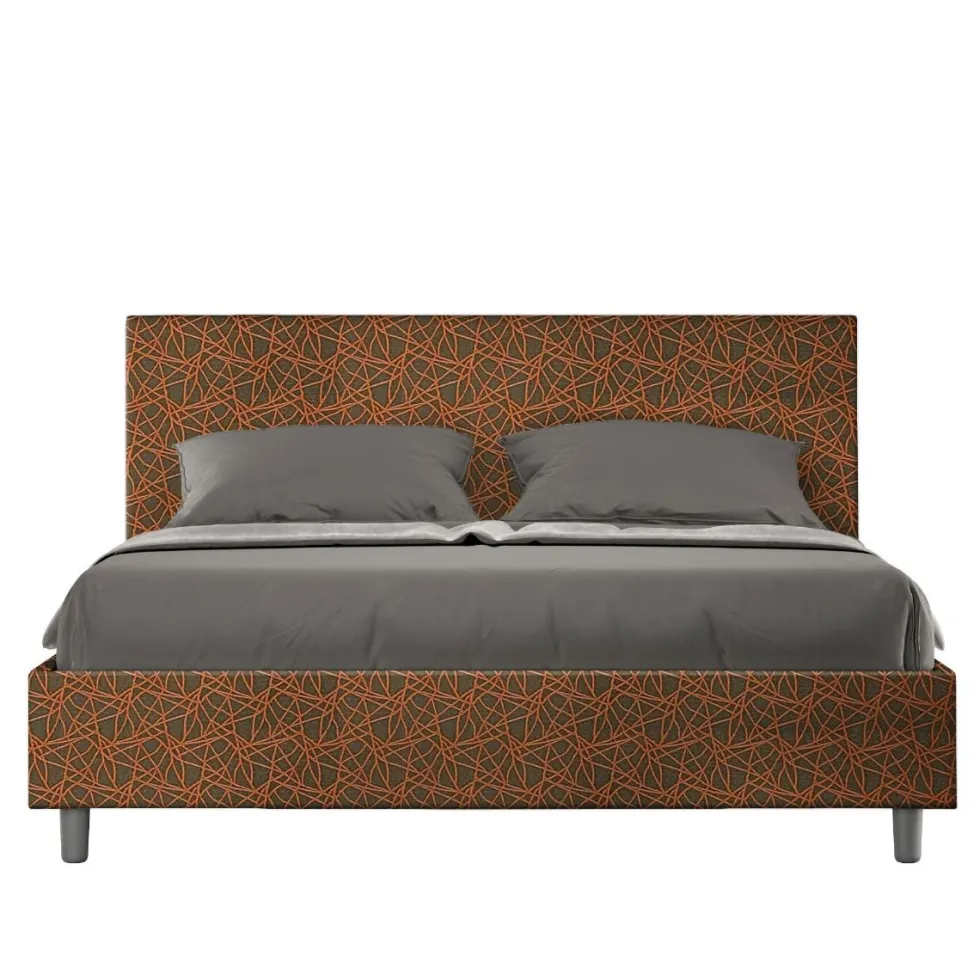Letto 160x200cm matrimoniale contenitore con testiera imbottita in tessuto arancio LIT402