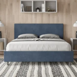 Letto 160x200cm matrimoniale contenitore con testiera imbottita in microfibra blu LIT398