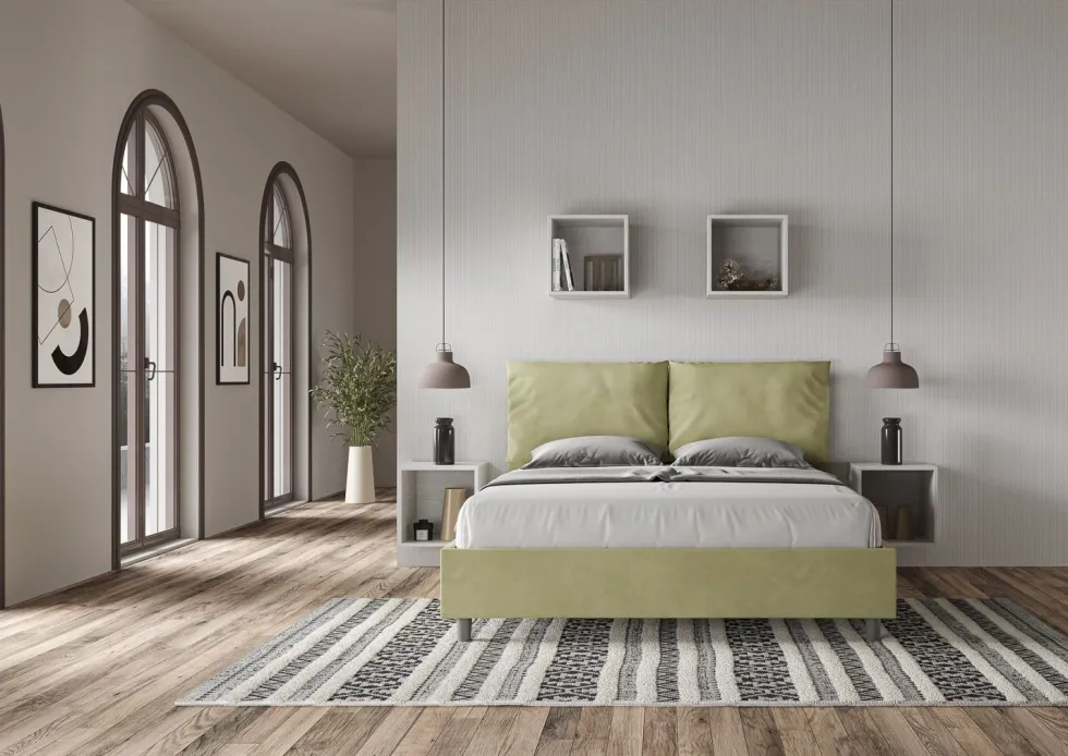 Letto 160x210cm matrimoniale contenitore con cuscino in microfibra tè verde LIT426