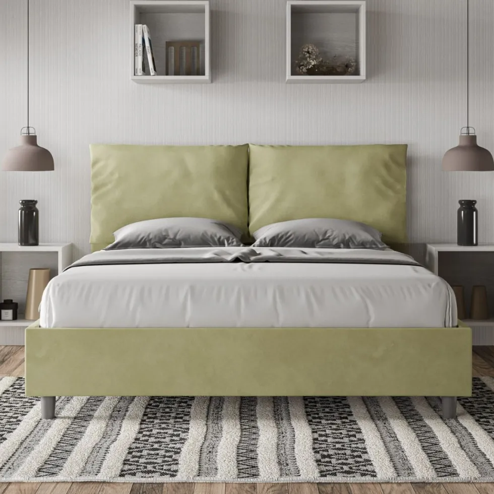 Letto 160x210cm matrimoniale contenitore con cuscino in microfibra tè verde LIT426