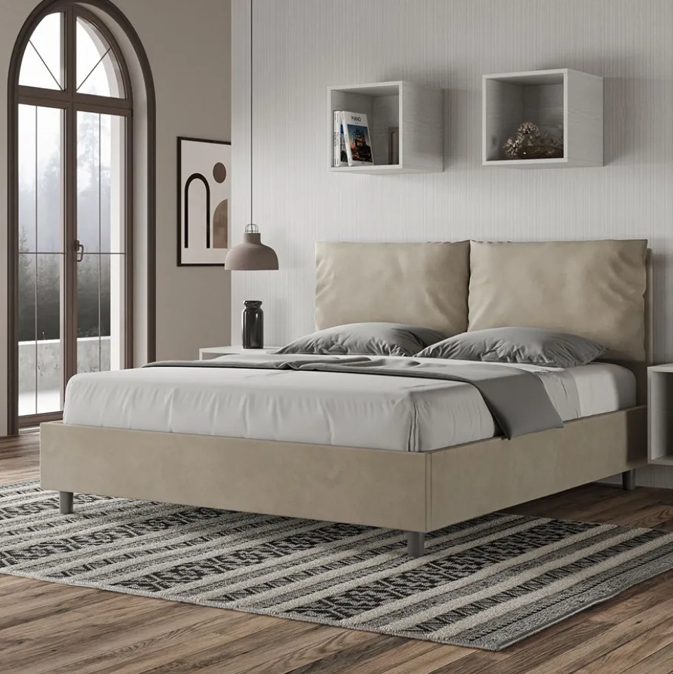 Letto 160x210cm matrimoniale contenitore con cuscino in microfibra sabbia beige LIT426
