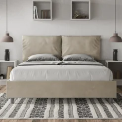 Letto 160x190cm matrimoniale contenitore con cuscino in microfibra sabbia beige LIT418