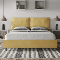 Letto 160x190cm matrimoniale contenitore con cuscino in microfibra ocra LIT418