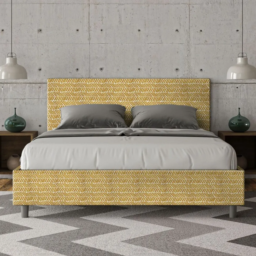 Letto 160x190cm matrimoniale contenitore con testata imbottita in tessuto giallo LIT394