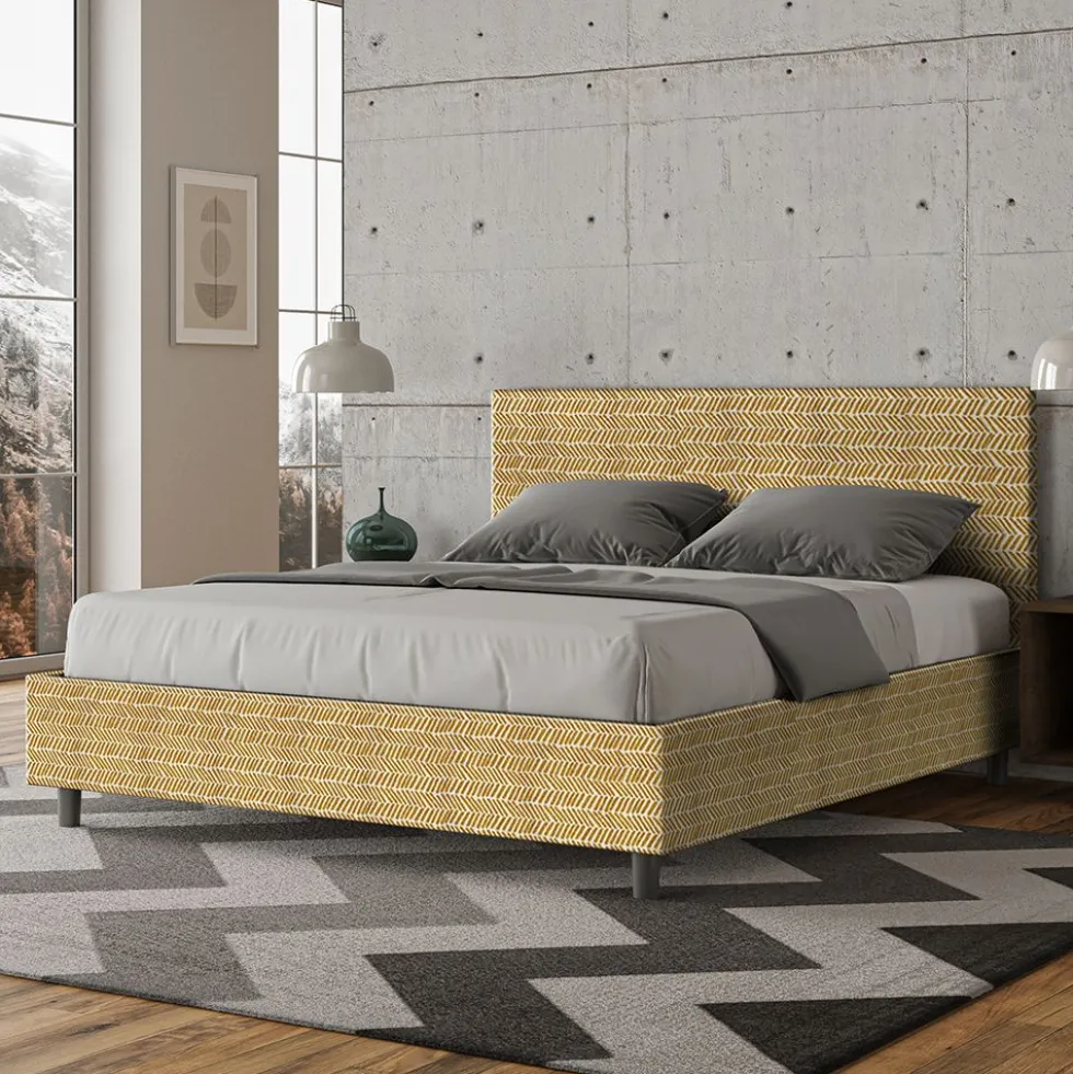 Letto 160x190cm matrimoniale contenitore con testata imbottita in tessuto giallo LIT394
