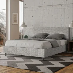 Letto 160x190cm matrimoniale contenitore con testata imbottita in tessuto bianco LIT394