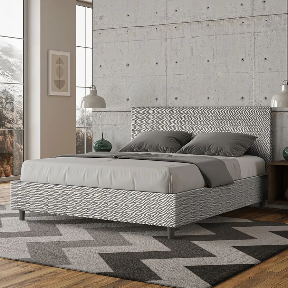 Letto 160x190cm matrimoniale contenitore con testata imbottita in tessuto bianco LIT394
