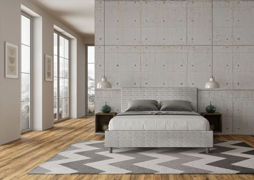Letto 160x190cm matrimoniale contenitore con testata imbottita in tessuto bianco LIT394