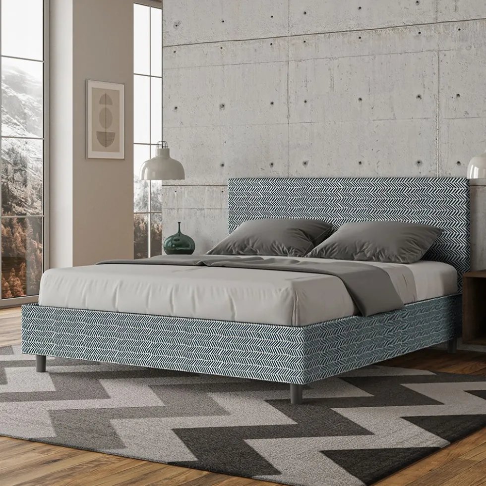 Letto 160x190cm matrimoniale contenitore con testata imbottita in tessuto blu LIT394