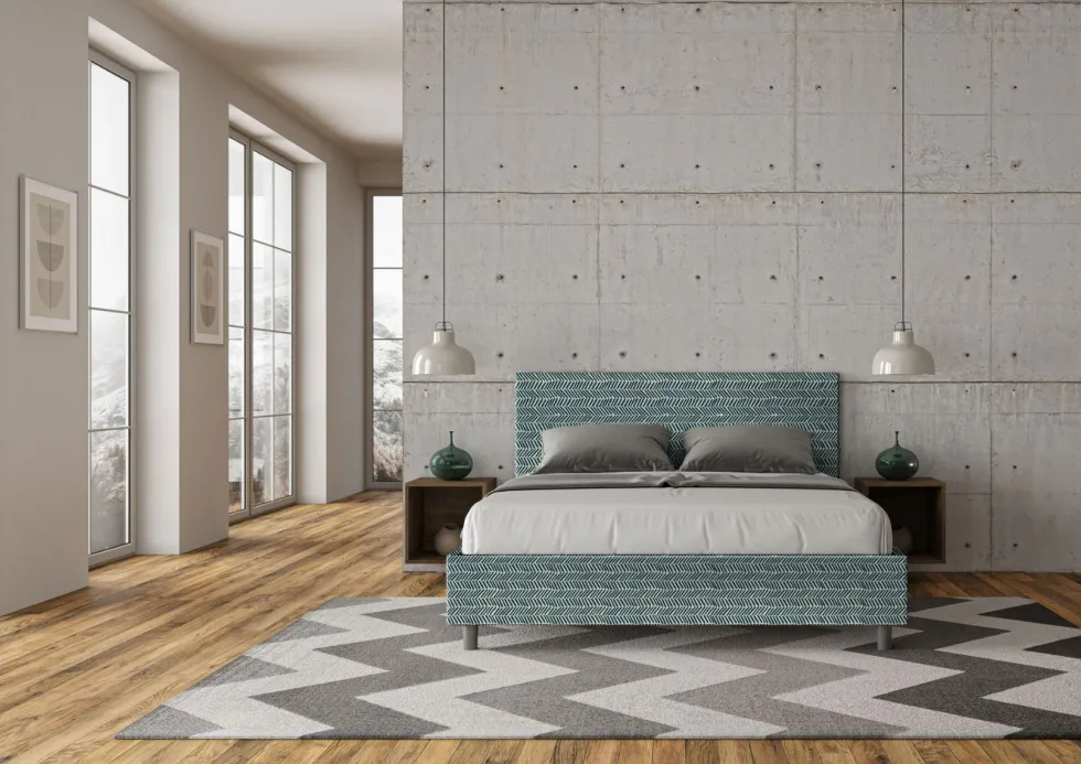 Letto 160x190cm matrimoniale contenitore con testata imbottita in tessuto blu LIT394