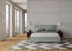 Letto 160x190cm matrimoniale contenitore con testata imbottita in tessuto azzurro LIT394