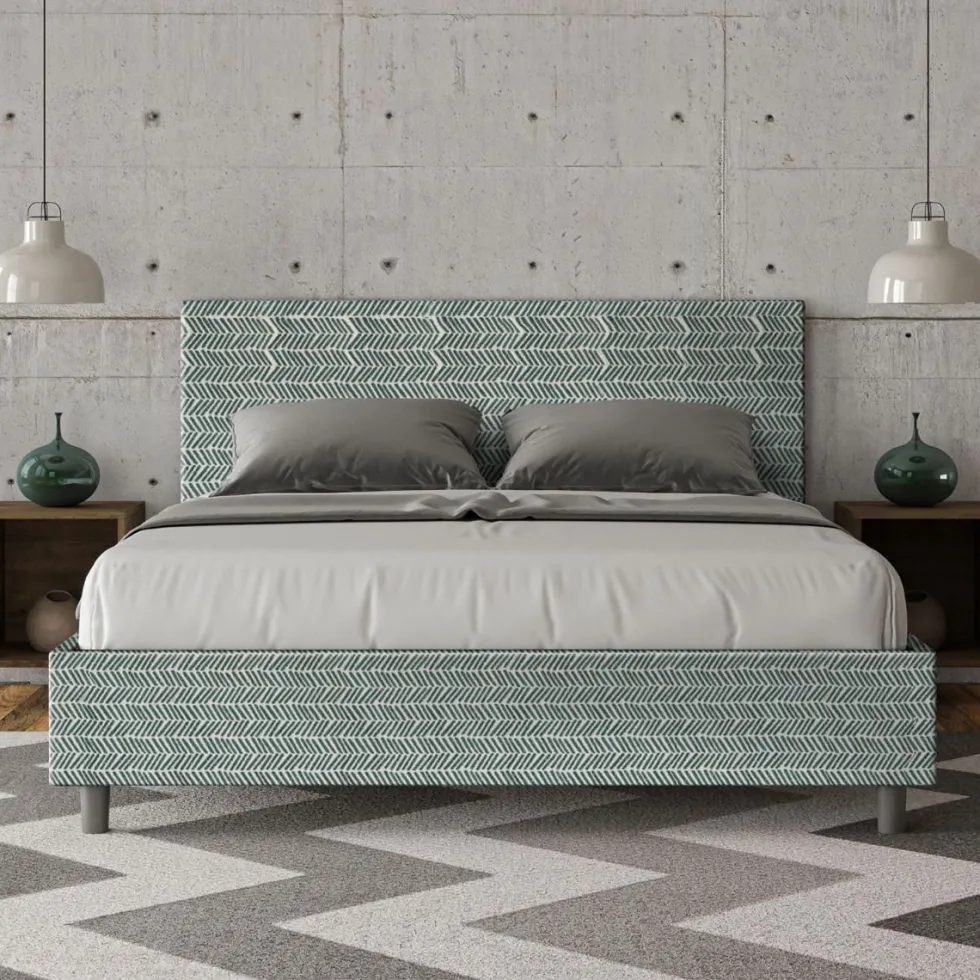 Letto 160x190cm matrimoniale contenitore con testata imbottita in tessuto azzurro LIT394