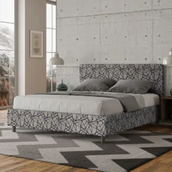 Letto 160x190cm matrimoniale contenitore con testiera imbottita in tessuto blu LIT392