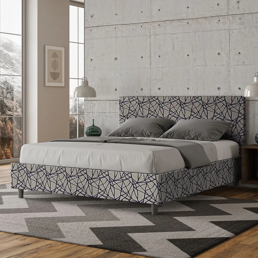Letto 160x190cm matrimoniale contenitore con testiera imbottita in tessuto blu LIT392