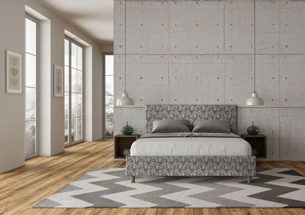 Letto 160x190cm matrimoniale contenitore con testiera imbottita in tessuto blu LIT392