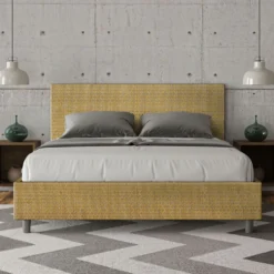 Letto 160x190cm matrimoniale contenitore con testiera imbottita in tessuto giallo LIT390