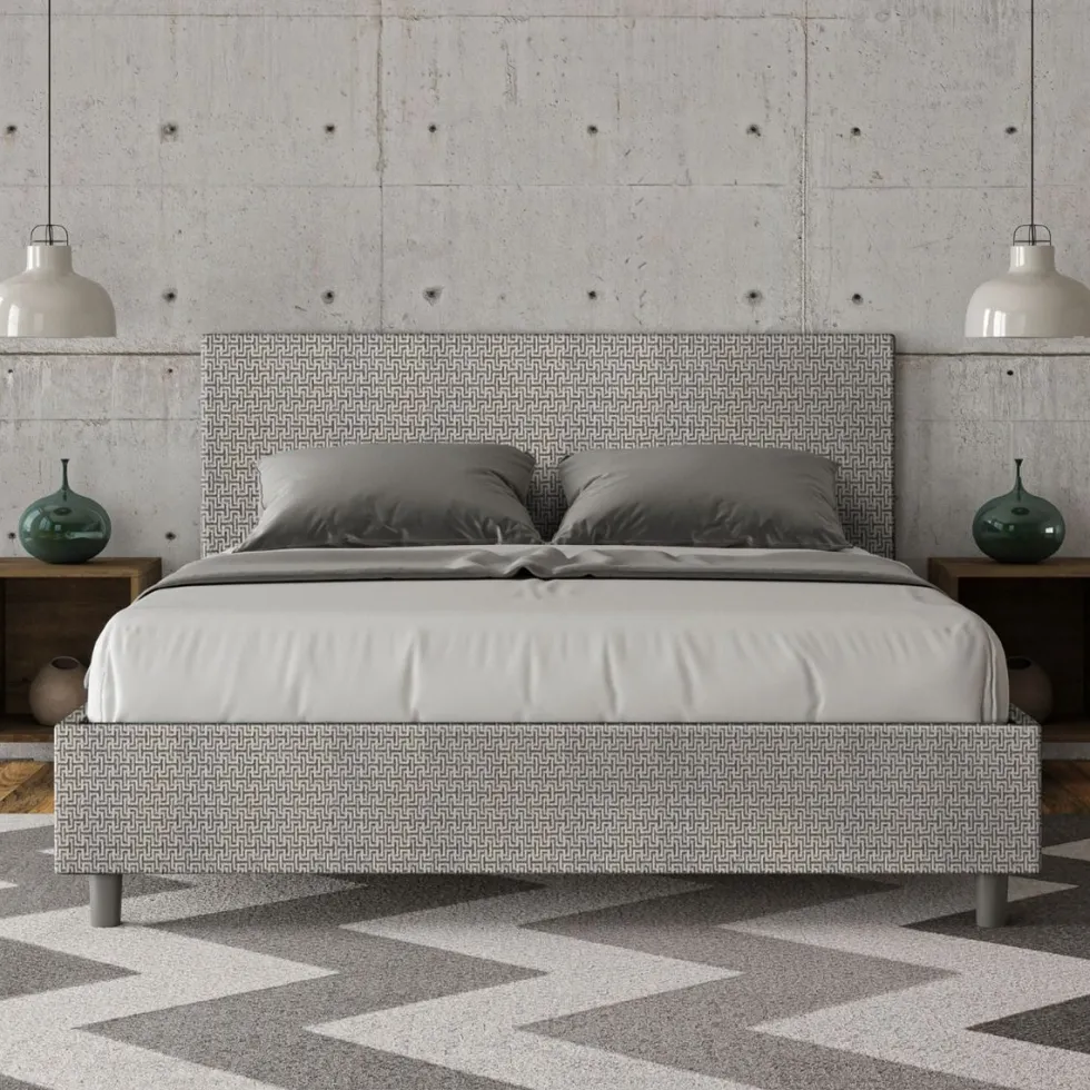 Letto 160x190cm matrimoniale contenitore con testiera imbottita in tessuto grigio LIT390
