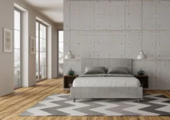 Letto 160x190cm matrimoniale contenitore con testiera imbottita in tessuto grigio LIT390