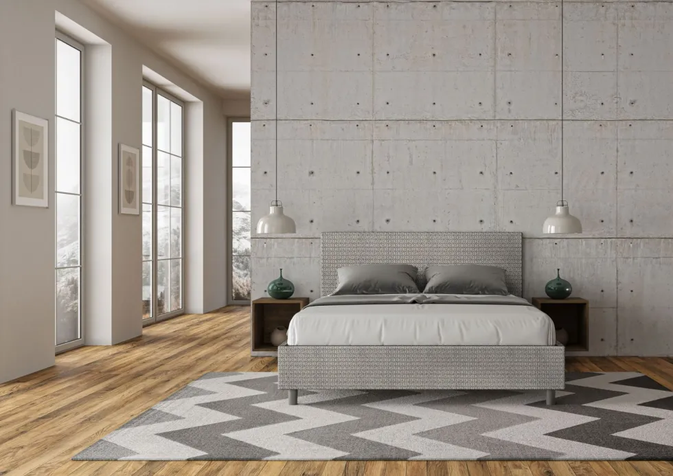 Letto 160x190cm matrimoniale contenitore con testiera imbottita in tessuto grigio LIT390