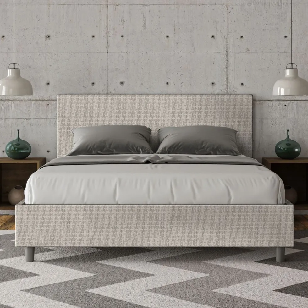 Letto 160x190cm matrimoniale contenitore con testiera imbottita in tessuto bianco LIT390