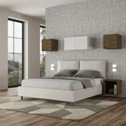 Letto 160x200cm matrimoniale contenitore con cuscino in similpelle bianco LIT420