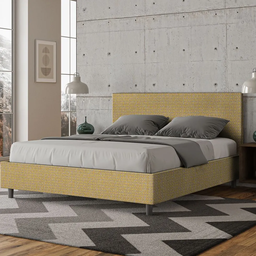 Letto 160x200cm matrimoniale contenitore con testiera imbottita in tessuto giallo LIT400