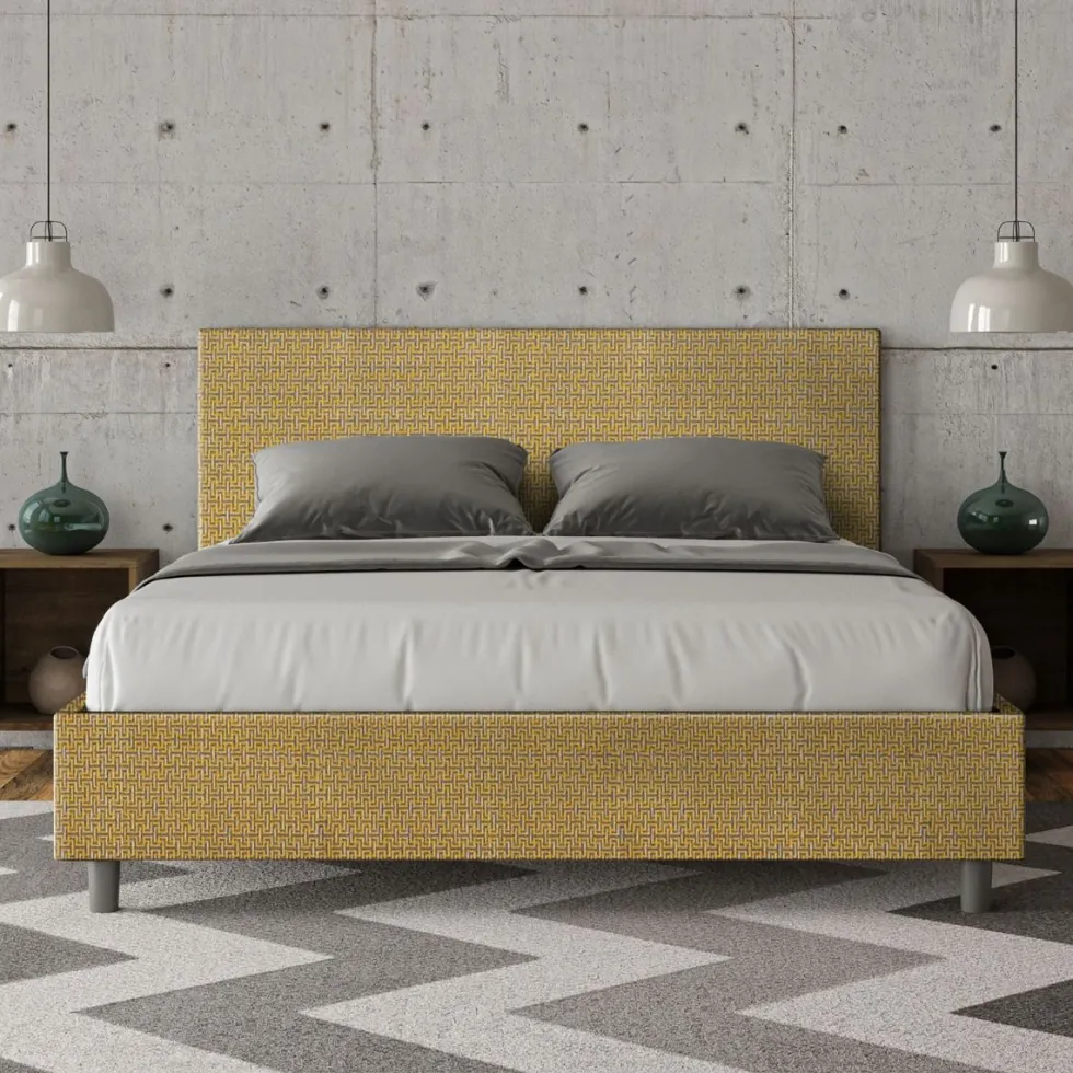 Letto 160x200cm matrimoniale contenitore con testiera imbottita in tessuto giallo LIT400