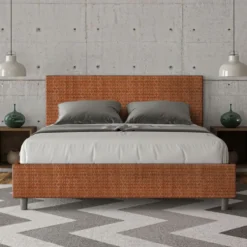 Letto 160x200cm matrimoniale contenitore con testiera imbottita in tessuto arancio LIT400