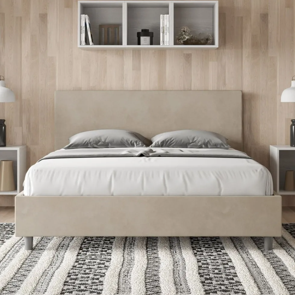 Letto 160x210cm matrimoniale contenitore con testiera imbottita in microfibra sabbia beige LIT408
