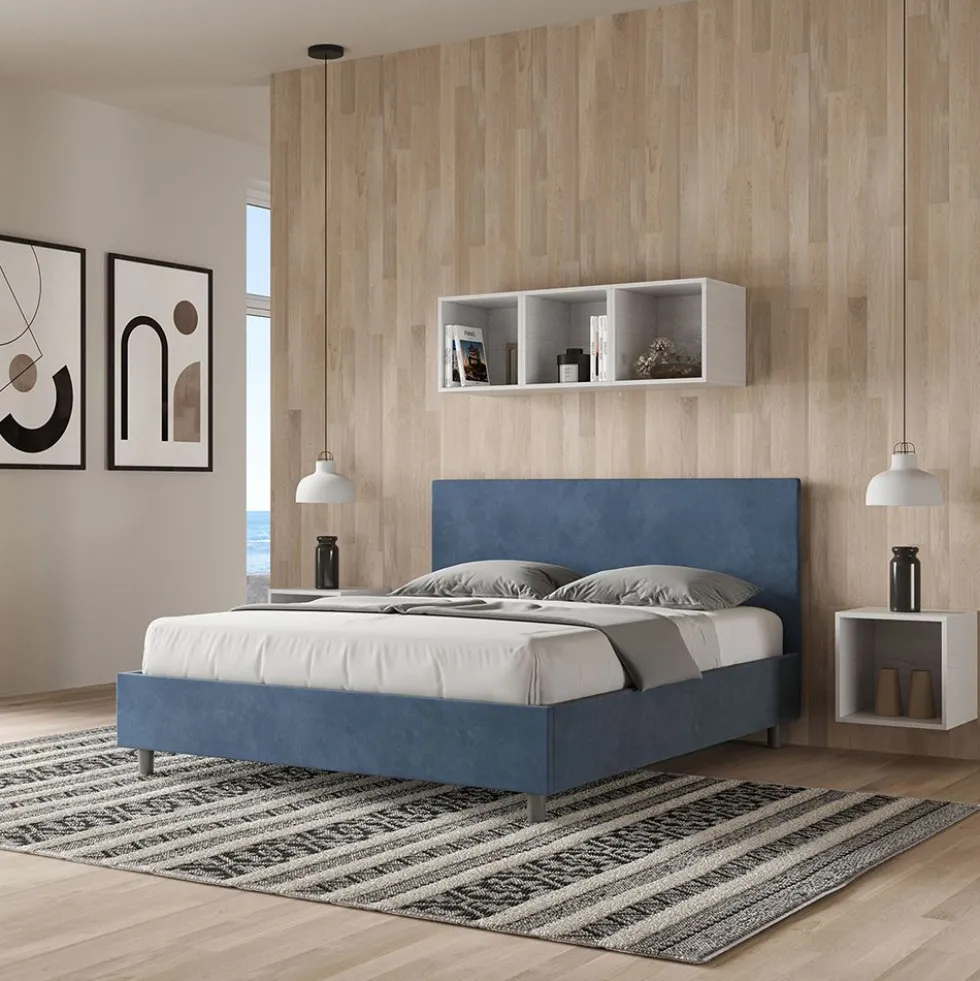 Letto 160x210cm matrimoniale contenitore con testiera imbottita in microfibra blu LIT408