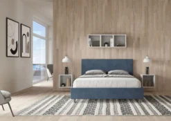 Letto 160x210cm matrimoniale contenitore con testiera imbottita in microfibra blu LIT408