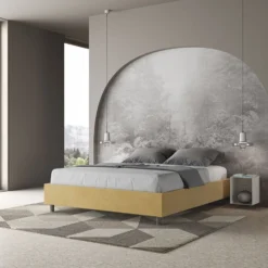 Letto 160x210cm matrimoniale contenitore sommier in microfibra ocra LIT378