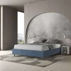 Letto 160x210cm matrimoniale contenitore sommier in microfibra blu LIT378