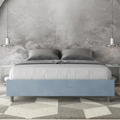 Letto 160x210cm matrimoniale contenitore sommier in microfibra azzurro LIT378
