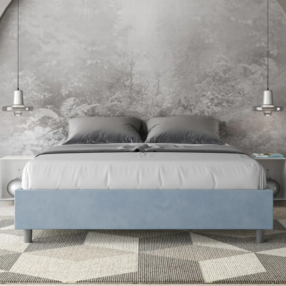 Letto 160x210cm matrimoniale contenitore sommier in microfibra azzurro LIT378