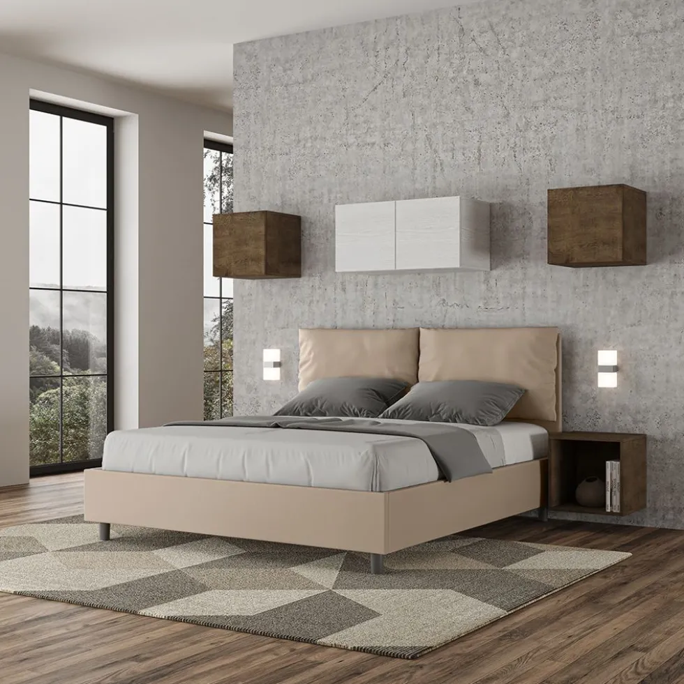Letto 160x190cm matrimoniale contenitore con cuscino in similpelle tortora LIT416