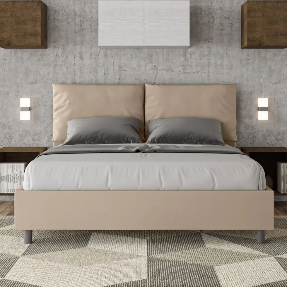 Letto 160x190cm matrimoniale contenitore con cuscino in similpelle tortora LIT416