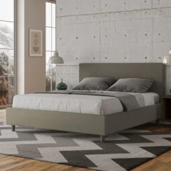 Letto 160x210cm matrimoniale contenitore con testiera imbottita in similpelle cappuccino LIT406