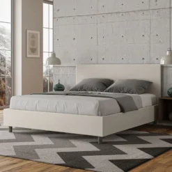 Letto 160x210cm matrimoniale contenitore con testiera imbottita in similpelle bianco LIT406