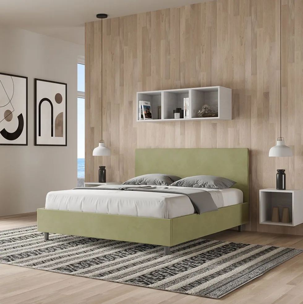Letto 160x190cm matrimoniale contenitore con testiera imbottita in microfibra tè verde LIT388