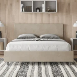Letto 160x190cm matrimoniale contenitore con testiera imbottita in microfibra sabbia beige LIT388