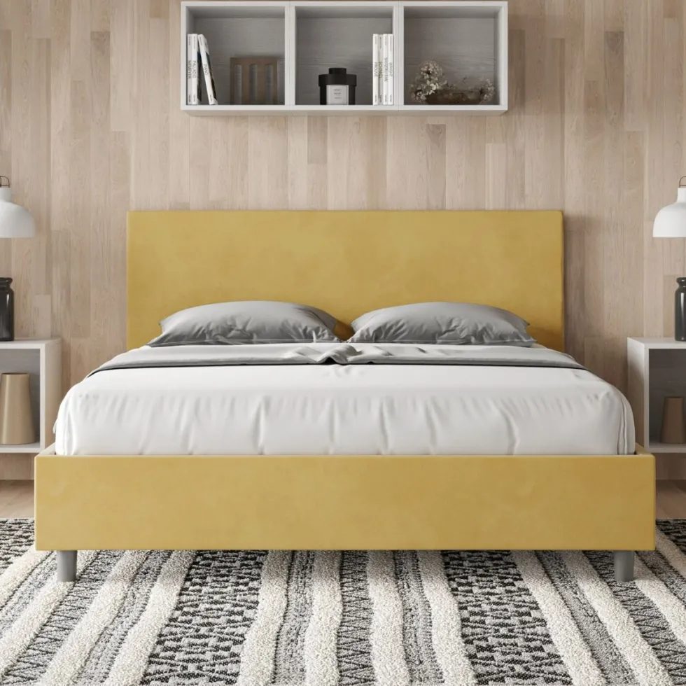 Letto 160x190cm matrimoniale contenitore con testiera imbottita in microfibra ocra LIT388