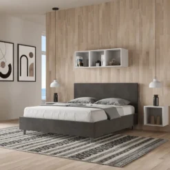 Letto 160x190cm matrimoniale contenitore con testiera imbottita in microfibra grigio LIT388