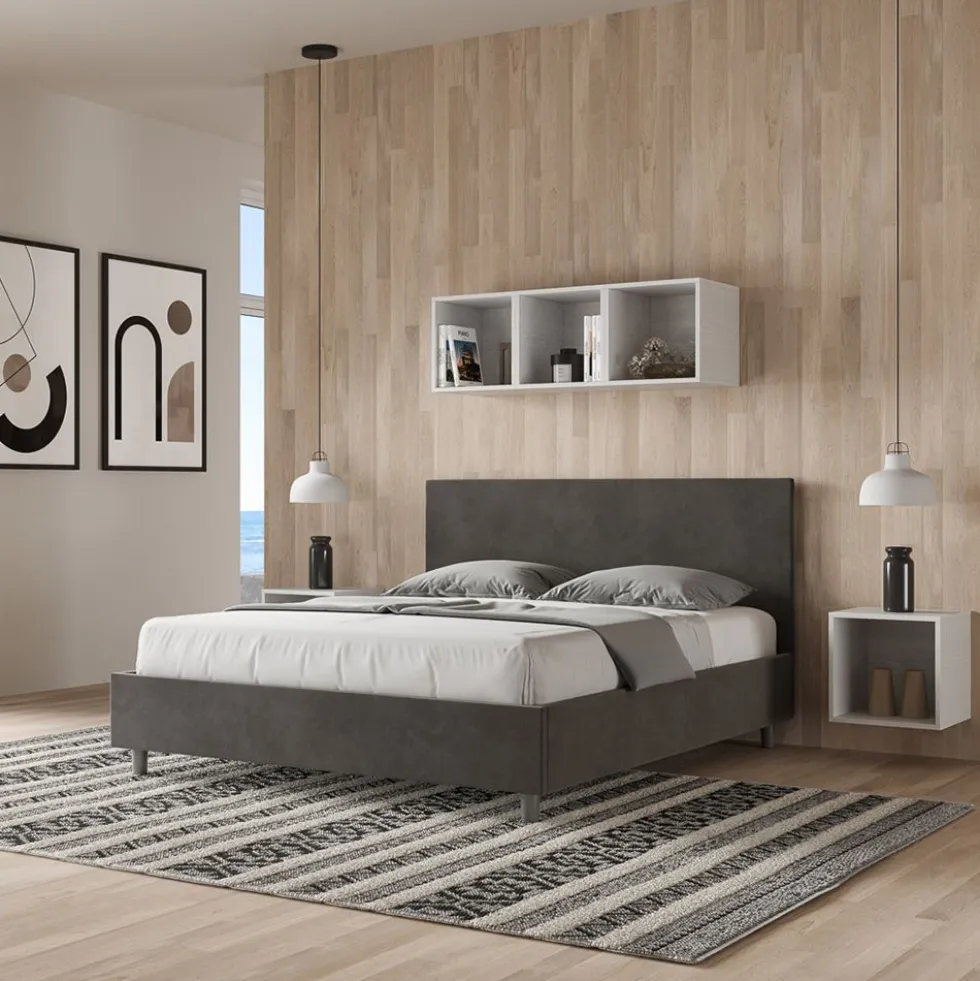 Letto 160x190cm matrimoniale contenitore con testiera imbottita in microfibra grigio LIT388
